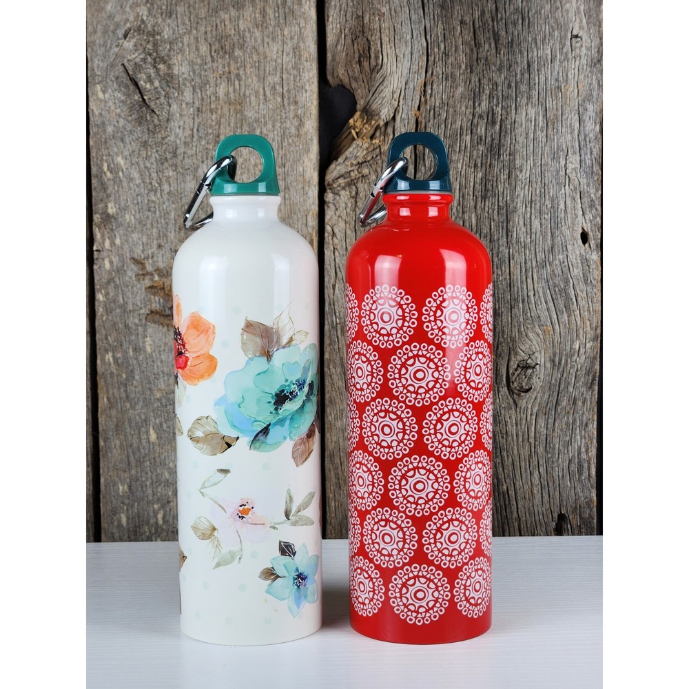 Pioneer Woman Stainless Steel Water Bottle Set 25oz Red Medallion White Floral